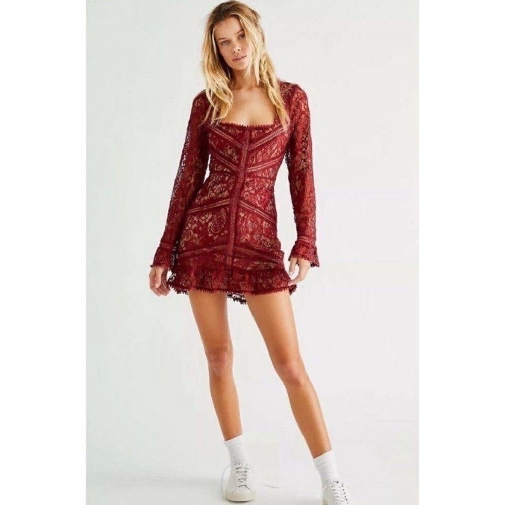 NWT For Love and Lemons Emerie Mini Burgundy Red Dress Lace Long Sleeves Size S - Picture 3 of 10